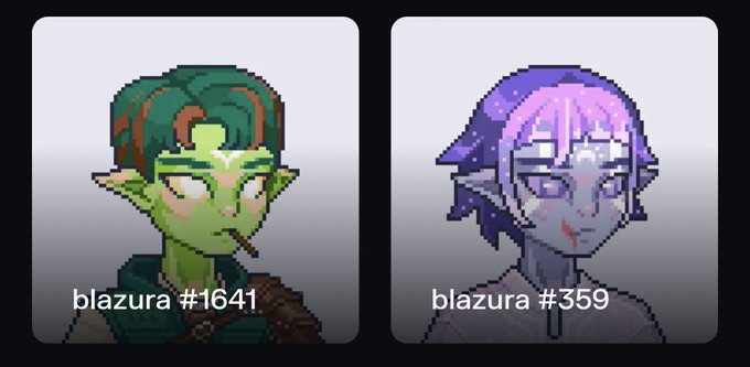 Two pixel-art character portraits labeled 'blazura #1641' (a green-skinned elf with a cigarette) and 'blazura #359' (a purple-haired character) are displayed side by side.