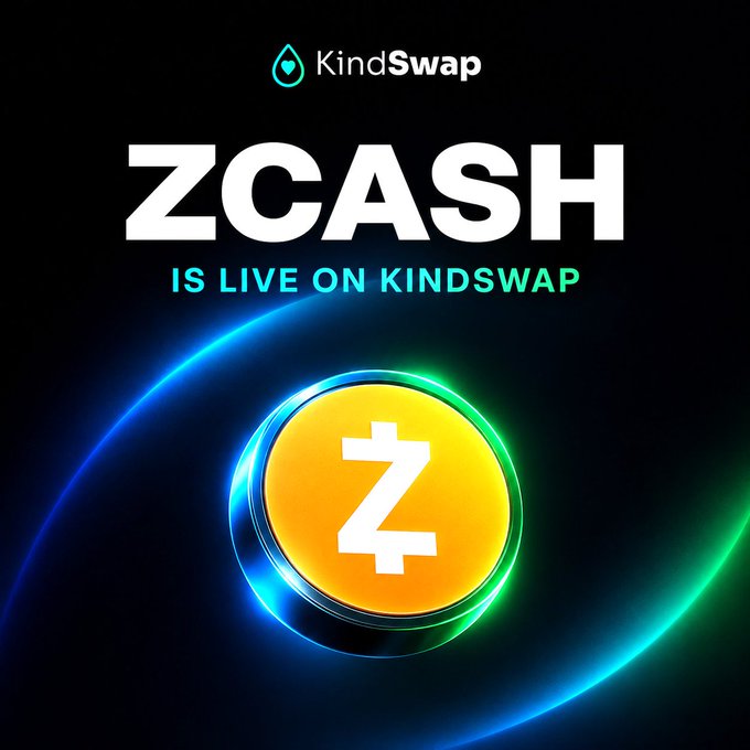 A promotional graphic with a black background announces 'ZCASH IS LIVE ON KINDSWAP' above a glowing yellow coin marked with the Zcash 'Z' logo.