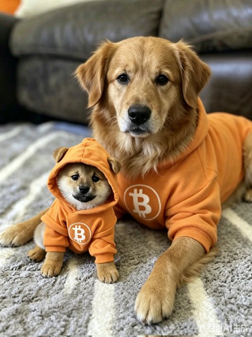 A Golden Retriever and a smaller puppy wearing matching orange hoodies featuring the Bitcoin (₿) logo, sitting on a rug.