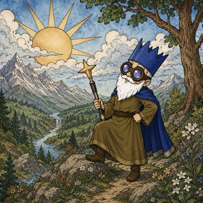 An illustrated wizard with a white beard, blue crown, and goggles sits on a rocky outcrop holding a staff, set against a vibrant landscape of mountains, a winding river, and a stylized sun. The image evokes a mystical, wise sage persona, fitting for a new profile picture associated with the XRP cryptocurrency community.