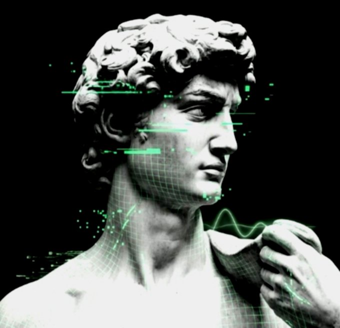 A digital illustration of Michelangelo's David statue overlaid with green digital wireframe patterns, data streams, and waveform graphics against a black background, suggesting an AI or tech reinterpretation of classical art.