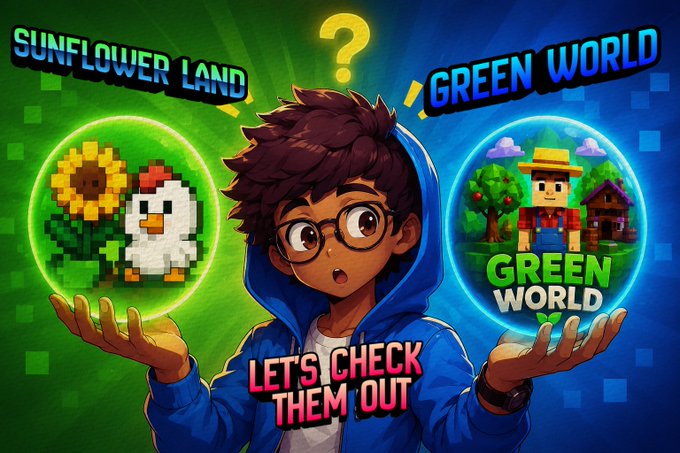 Cartoon-style promotional graphic with a boy holding two glowing orbs labeled 'SUNFLOWER LAND' (with a pixel sunflower and chicken) and 'GREEN WORLD' (with a pixel farmer), captioned 'LET'S CHECK THEM OUT'.