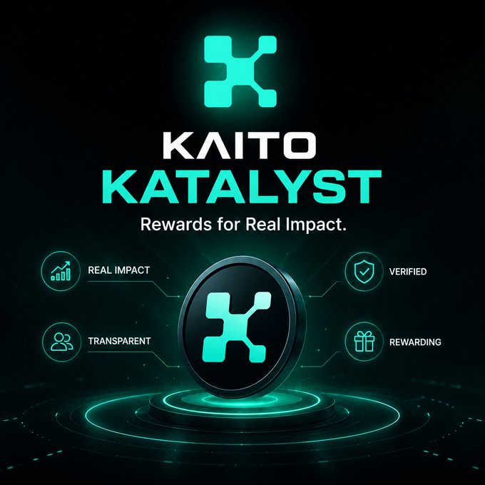 A promotional graphic for 'KAITO KATALYST' with the tagline 'Rewards for Real Impact,' featuring a central glowing token icon surrounded by four features: Real Impact, Verified, Transparent, and Rewarding.