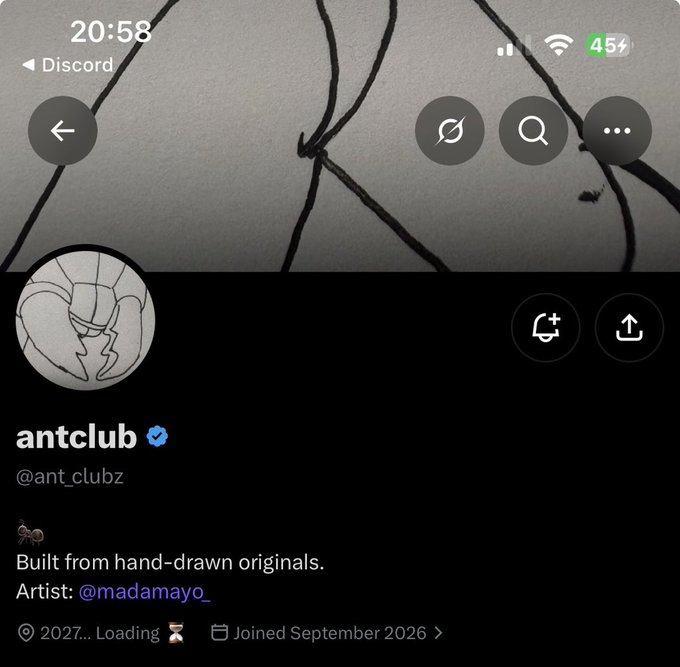 A screenshot of the Discord profile for "antclub" (@ant_clubz), featuring a hand-drawn spider/ant artwork as the avatar, with bio text reading "Built from hand-drawn originals. Artist: @madamayo_" and noting "2027...Loading," referencing the highly anticipated 2027 NFT mint teased in the post.