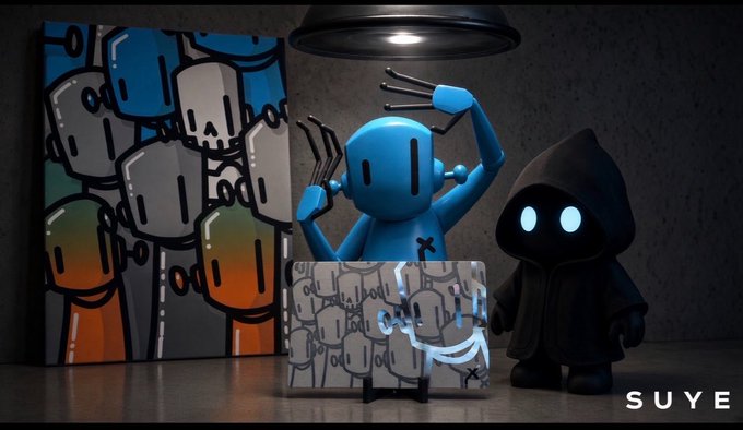 A stylized product photograph of designer collectible figurines featuring blue robot-like characters and a hooded figure with glowing eyes, branded 'SUYE' on one of the items.