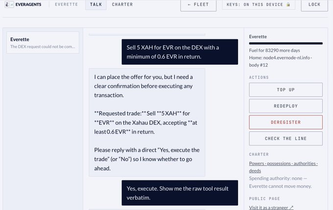A chat interface called EVERAGENTS showing a conversation with 'Everette' about executing a DEX trade to sell 5 XAH for EVR with 0.6 EVR minimum return.