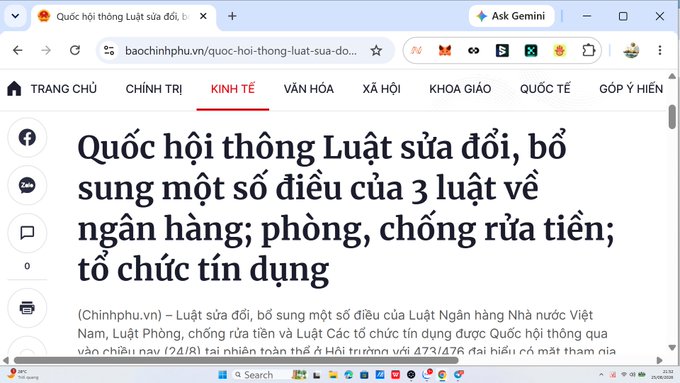 A screenshot of a Vietnamese news website (baochinhphu.vn) with the headline "Quốc hội thông Luật sửa đổi, bổ sung một số điều của 3 luật về ngân hàng; phòng, chống rửa tiền; tổ chức tín dụng," reporting on Vietnam's National Assembly passing amendments to three banking laws including anti-money laundering provisions, which aligns with the post's message about Vietnam's crypto industry entering a new AML era.