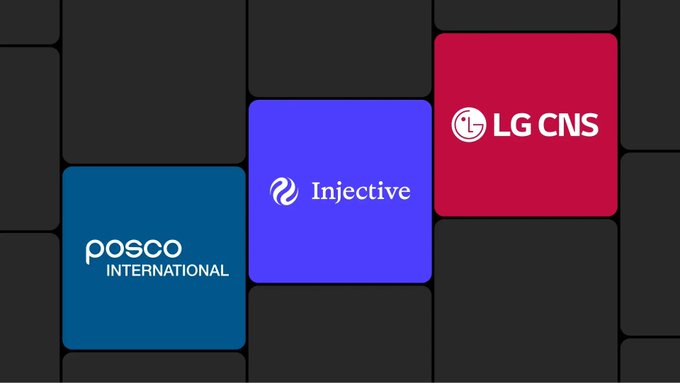 The image features logos of POSCO International, Injective, and LG CNS displayed on a grid of colored tiles, visually representing a collaboration between these companies. In the context of the post about trade finance's fragmented records and manual reconciliation, the image likely illustrates a partnership aimed at applying blockchain technology to modernize the $5 trillion trade financing industry.