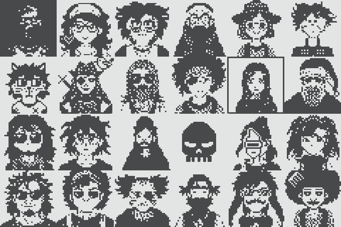 A grid of 24 pixel-art character portraits in a black and white "Normies" style, with one portrait in the second row highlighted by a black border, illustrating the "Griday" celebration by @normiesART. The image showcases the variety of Normie characters available, now seemingly no longer individually selectable when creating grids.