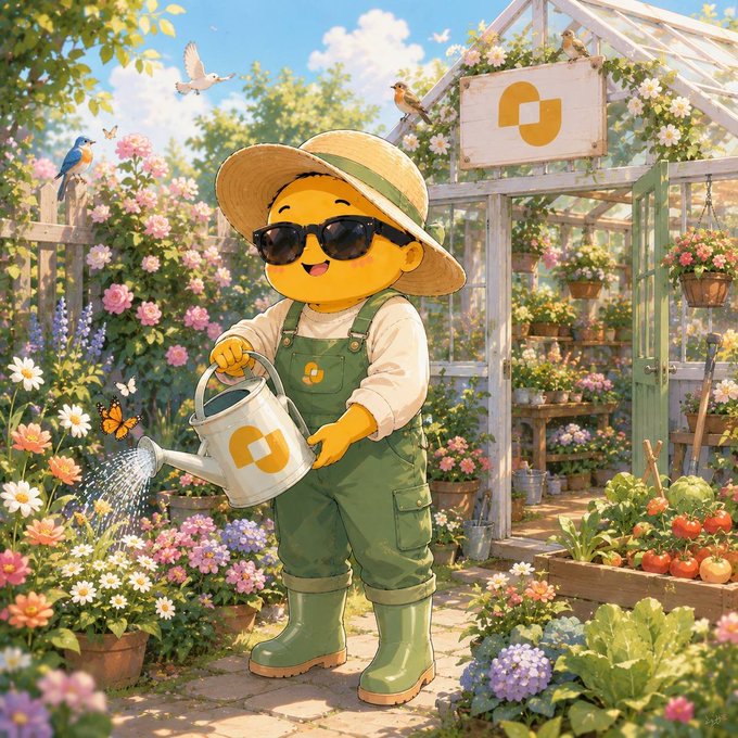 A cheerful yellow emoji mascot wearing a straw hat, sunglasses, and green overalls waters flowers in a vibrant greenhouse garden, with an orange "9" logo visible on its watering can and on a sign above the greenhouse entrance. The wholesome, "perfect growth" scene satirizes the curated narratives that cherry-pick winning chart examples while ignoring the many similar tokens that failed to deliver.