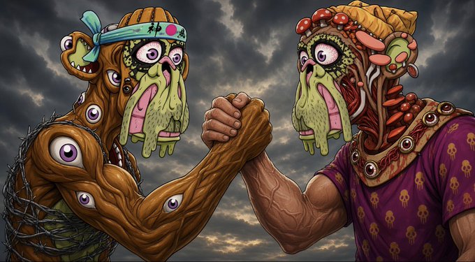 Two grotesque, multi-eyed cartoon zombies—one wrapped in barbed wire with a sweatband, the other wearing a mushroom-covered hat and skull-patterned shirt—lock hands in an arm-wrestling match under a stormy sky, visually echoing the post's message of pushing past criticism and forming genuine connections through authenticity rather than seeking validation.
