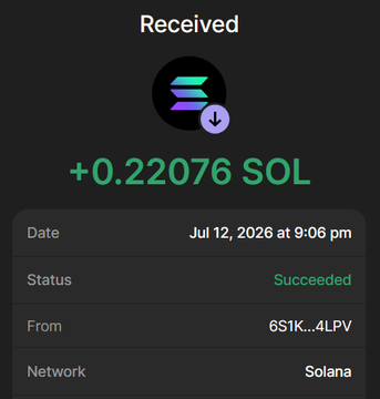 A screenshot of a successful Solana transaction confirmation showing a receipt of 0.22076 SOL, dated July 12, 2026 at 9:06 pm, from wallet 6S1K...4LPV, serving as proof of the 0.22 SOL sent to purchase $BHOODIES tokens during the presale.