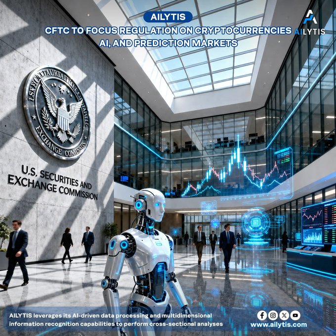 The image shows a futuristic U.S. Securities and Exchange Commission (SEC) building interior featuring the agency's official seal on the wall, a humanoid AI robot in the foreground, and holographic financial charts displaying cryptocurrency price movements, with people in business attire walking through the space. The header text reads "CFTC TO FOCUS REGULATION ON CRYPTOCURRENCIES, AI, AND PREDICTION MARKETS" with AILYTIS branding, visually connecting the AI-driven regulatory theme to the evolving landscape of digital finance oversight.