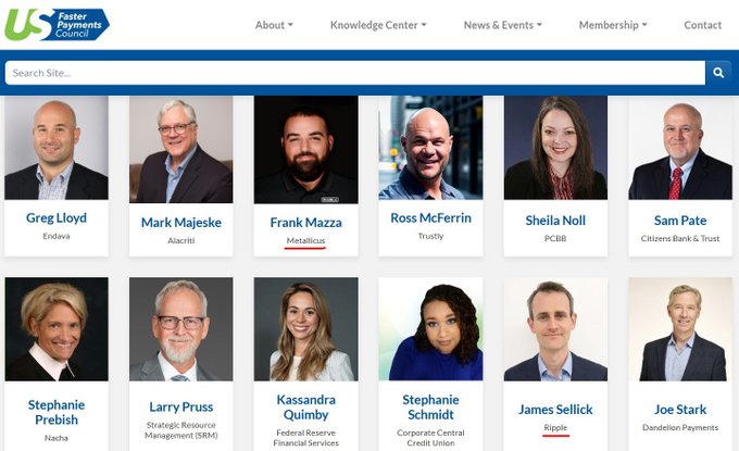 The image shows a U.S. Faster Payments Council webpage featuring a grid of board member photos and names, including Frank Mazza from Metallicus and James Selleck from Ripple—highlighting the collaboration between these two companies on faster payment initiatives, as referenced in the accompanying post about $XRP and $XPR working together.