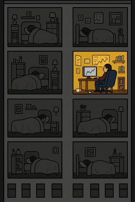A grid illustration showing eight panels, where seven depict dark bedrooms with sleeping figures and one stands out as lit, showing a person working at a computer with charts on the wall.