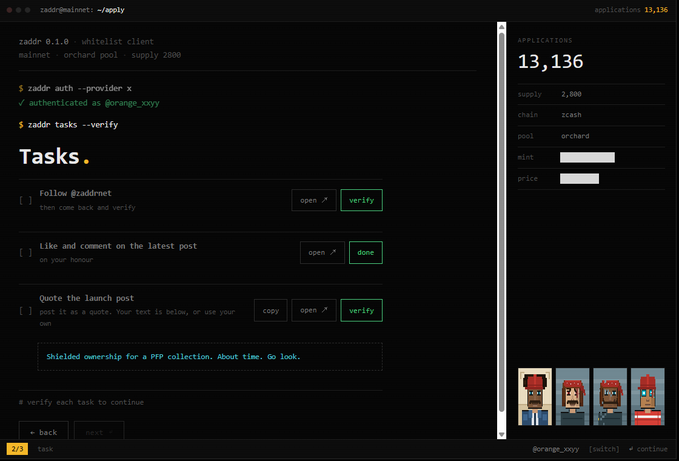 A screenshot of a terminal-based interface showing the 'zaddr' 0.1.0 whitelist client for a mainnet zcash blockchain, displaying a tasks list (Follow, Like and comment, Quote the launch post) and application statistics showing 13,136 applications on the icash chain with an orchard pool.