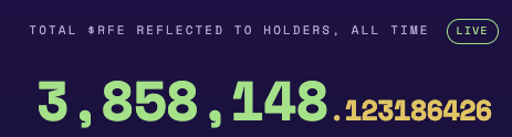 A graphic displaying 'TOTAL RFE REFLECTED TO HOLDERS, ALL TIME' with a live counter reading 3,858,148.123186426.