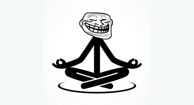 A black and white line drawing of a figure sitting in a lotus meditation pose, but with a 'Troll Face' meme head instead of a human head.