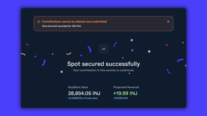 A celebratory confirmation screen announces “Spot secured successfully” for the $INJ Community BuyBack, noting that contributions cannot be altered once submitted. It lists a BuyBack Value of 28,854.05 INJ and projected rewards of +19.99 INJ (+19.99% ROI).