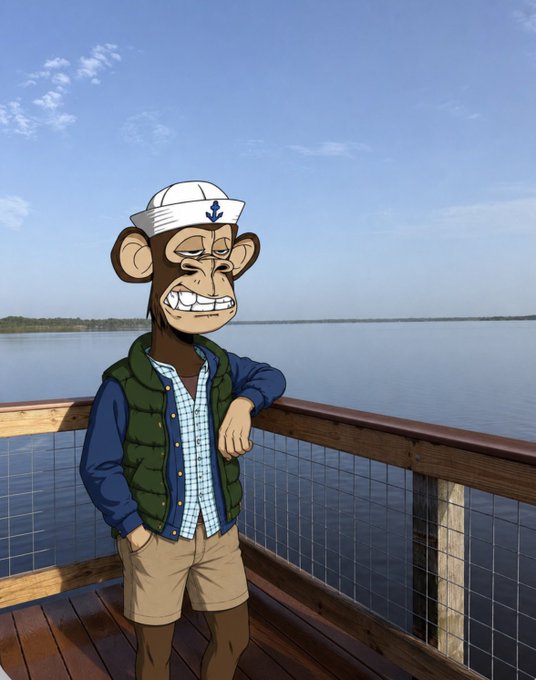 A cartoon illustration of a Bored Ape-style character wearing a sailor hat, green vest, and blue shirt, standing on a wooden deck overlooking water.