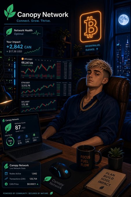 A crypto-themed illustration showing a young man with blonde hair at a desk with multiple monitors displaying Bitcoin price charts, 'Canopy Network' dashboard data, and a neon Bitcoin sign reading 'DECENTRALIZE ELEVATE'.