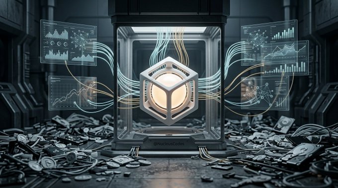 A digital artwork featuring a glowing cube within a glass display, surrounded by holographic data charts and molecular structures, with the text '@NucleusDAO' visible.