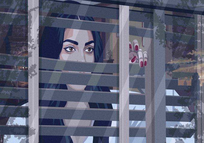 An animated illustration of a dark-haired woman with brown eyes peering through window blinds, her hand with red nail polish pressing against the glass.
