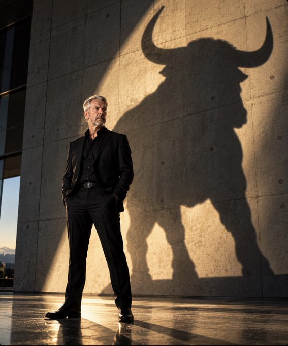 A distinguished older gentleman in a sharp black suit stands confidently against a concrete wall, where his shadow dramatically transforms into that of a powerful bull with massive horns—perfectly capturing the bullish sentiment for $MSTR. The clever shadowplay visually reinforces the post's optimistic outlook, symbolizing market strength and upward momentum.