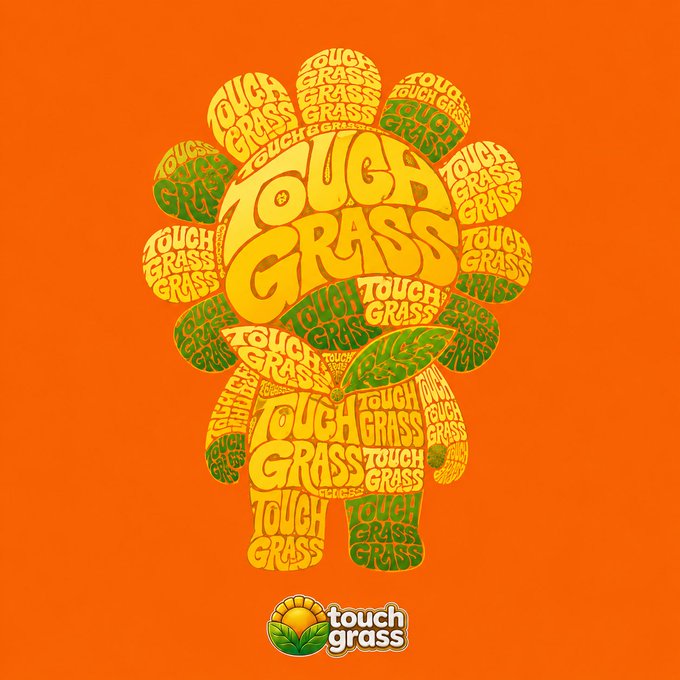 The image features a cartoon-like depiction of a person made out of text, which appears to be a representation of Touch Grass. The text "Touch Grass" is surrounded by various other words such as "tough grass", "touch grass", and "proof". These words are arranged in a way that they form the shape of a person or an animal, giving it a unique and creative appearance. The image also includes a small logo for Touch Grass on the right side, indicating its brand or company.