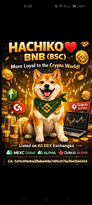 A promotional graphic for 'HACHIKO BNB (BSC)' featuring a smiling Shiba Inu dog, a trading chart, and text listing it on MEXC Global, ALPHA, and Gate.io exchanges.