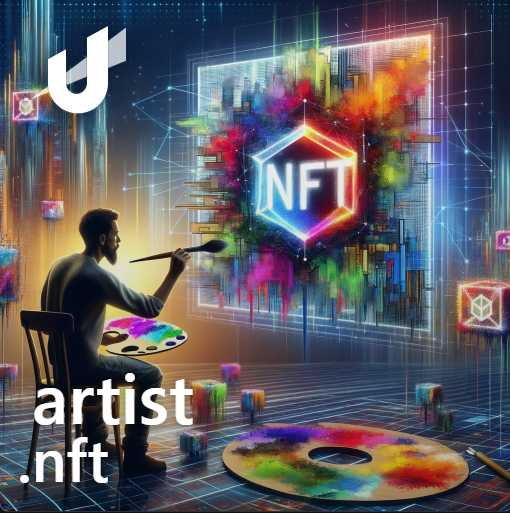 Digital artwork showing an artist painting a glowing 'NFT' cube on a canvas, with 'artist.nft' and a 'U' logo displayed.