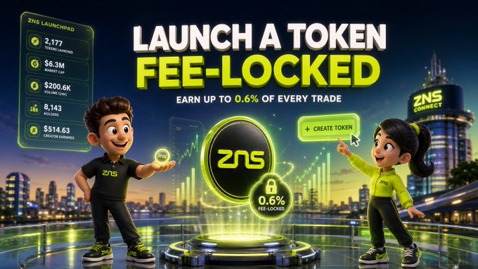 ZNS Connect promotional graphic reading 'LAUNCH A TOKEN FEE-LOCKED, EARN UP TO 0.6% OF EVERY TRADE,' featuring cartoon mascots and launchpad stats (2,177 tokens launched, $6.3M market cap, $200.6K volume).