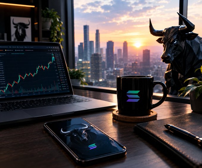 A desk scene at sunset showing a laptop with a stock chart, a smartphone, a black mug bearing the Solana logo, and a bull statue, all set against a city skyline.