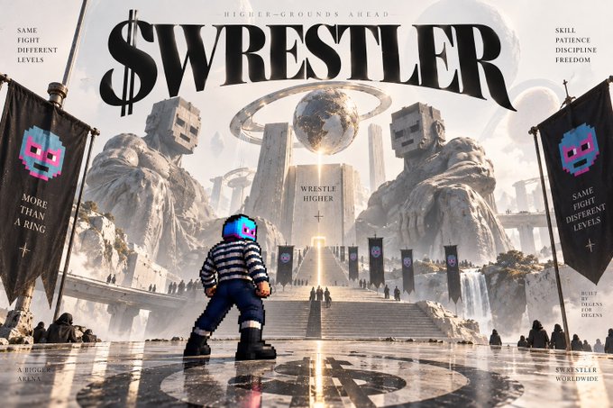A promotional poster or video game artwork titled "$WRESTLER" featuring a pixelated character standing before statues of other characters, with text reading "HIGHER GROUNDS AHEAD" and "WRESTLE HIGHER".