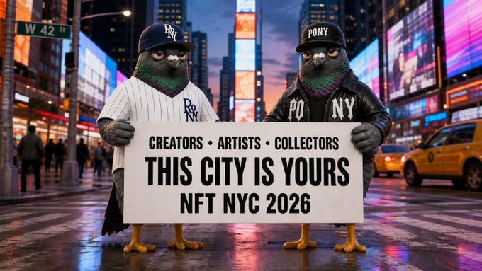 An AI-generated promotional image for 'NFT NYC 2026' shows two pigeons dressed in urban streetwear holding a banner that reads 'CREATORS • ARTISTS • COLLECTORS / THIS CITY IS YOURS / NFT NYC 2026' in a Times Square-like setting.