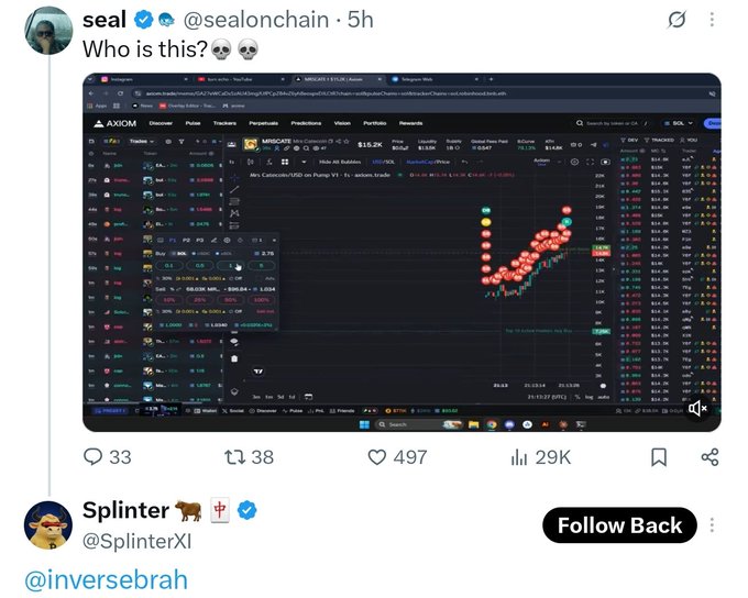 Screenshot of a tweet from @sealonchain asking 'Who is this?' showing a candlestick chart for MRSC on the AXIOM platform, with a follow-back request from Splinter (@SplinterXI).