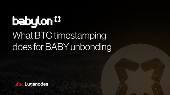 A promotional graphic from Babylon and Luganodes titled 'What BTC timestamping does for BABY unbonding'.