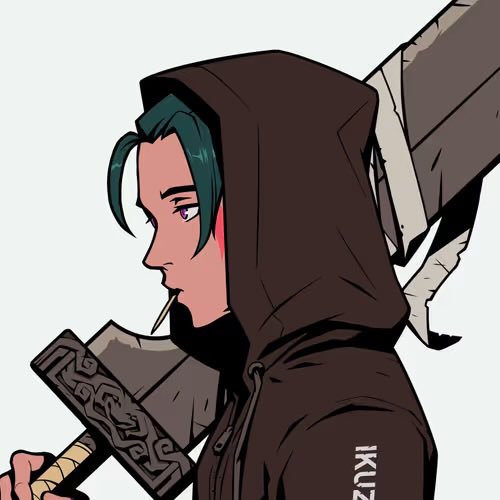 An anime-style illustration of a hooded character with teal and red-streaked hair in profile, holding a large sword or weapon with intricate designs on the hilt.