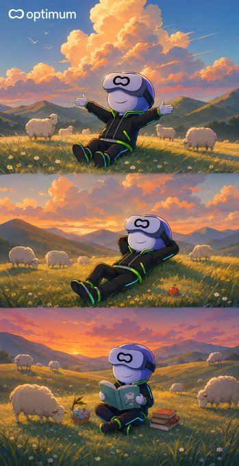 A three-panel illustration of a character wearing a VR headset relaxing in a pastoral landscape with sheep, featuring the "optimum" logo in the top left.