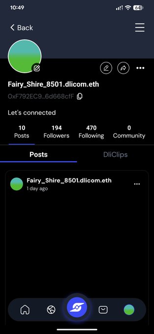 The image shows a phone screen displaying a social media app called DlicomApp. The main focus of the image is a post that says "Building my presence on @DlicomApp, one connection at a time! Every follower, every interaction, and every post is a step toward a stronger Web3 community." This post highlights the importance of connecting with others in the decentralized world through social media platforms. The image also includes a logo for DlicomApp and a description of what the app does.