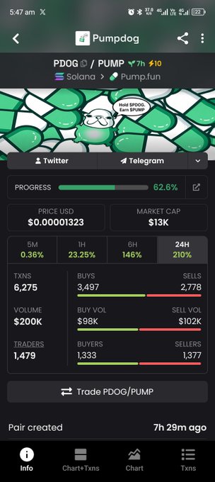 A pump.fun trading interface for PDOG/PUMP token showing a Shiba Inu dog logo, current price of $0.00001323, market cap of $13K, and 146% 6-hour gains with 62.6% bonding curve progress.