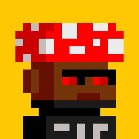 A pixel art character with a brown face, red eyes, and a red-and-white spotted mushroom-like cap on a yellow background.