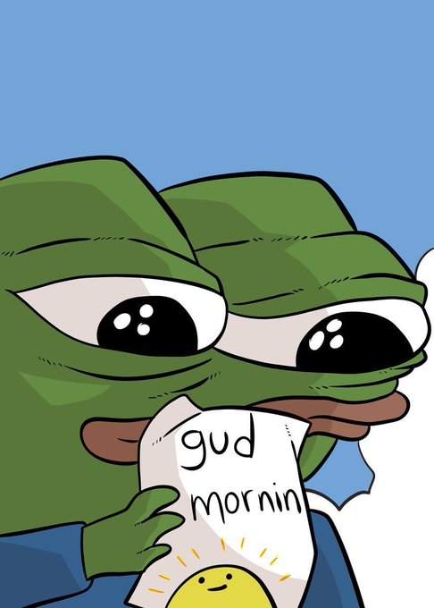 A cartoon illustration of a green Pepe the Frog character holding a piece of paper that reads 'gud mornin' with a smiling sun drawing, set against a blue sky background.