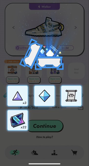 A mobile game screen showing a sneaker labeled 'Walker' with upgrade options and a 'Continue' button, featuring UI elements for filling in missing letters.