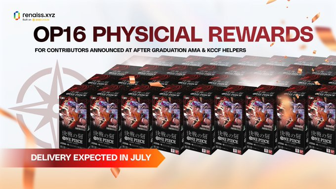 A promotional graphic from renaliss.xyz announcing 'OP16 PHYSICAL REWARDS' for contributors, featuring One Piece merchandise boxes with delivery expected in July.