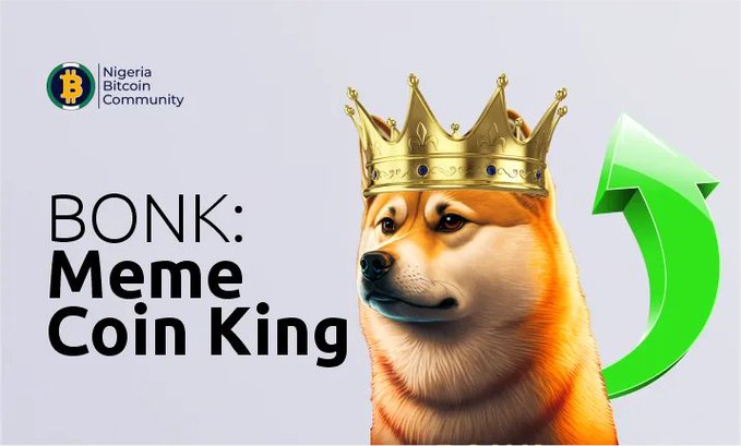 A promotional graphic from the Nigeria Bitcoin Community declaring 'BONK: Meme Coin King,' featuring a Shiba Inu dog wearing a golden crown next to a green upward arrow.