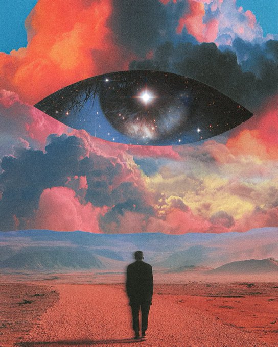 The image features a man walking through a desert landscape with a large, colorful eye suspended above him. The eye appears to be glowing, drawing attention to itself as the central focus of the scene. The man's silhouette stands out against the vibrant backdrop, creating an intriguing and surreal atmosphere.