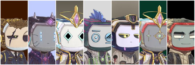 A row of seven stylized, mask-wearing character avatars with distinct headpieces and designs.
