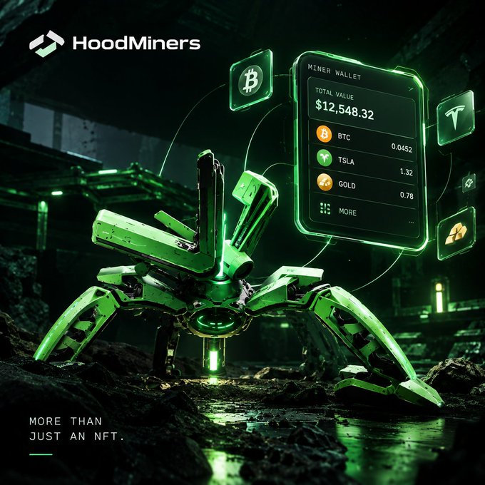 A promotional image for HoodMiners showing a green mechanical crab-like robot in a dark environment, with a holographic miner wallet displaying a total value of $12,548.32, including holdings in BTC, TSLA, and GOLD, with the tagline 'MORE THAN JUST AN NFT.'