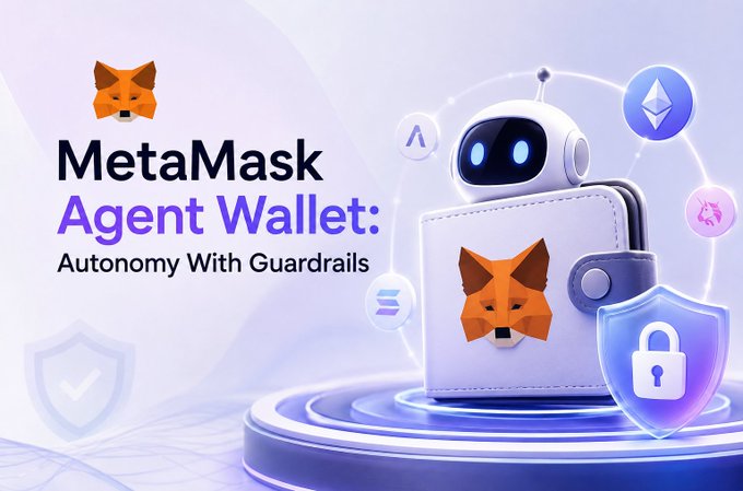 A promotional graphic for 'MetaMask Agent Wallet: Autonomy With Guardrails' featuring the MetaMask fox logo, a white wallet with a robot character, and a security shield with a padlock.